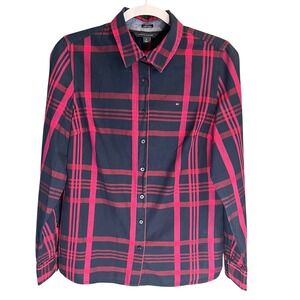 Tommy Hilfiger Women Classic Fit Plaid Button Down Shirt Red Black Size Medium